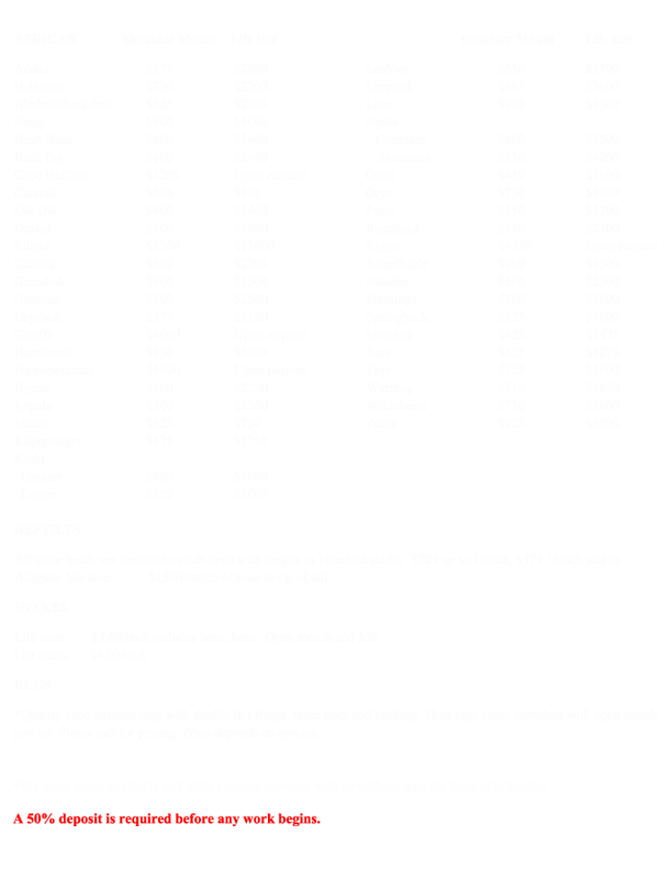 Florida taxidermy pricelist 2